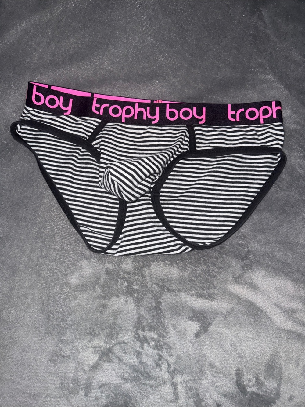 Trophy Boy Black & White Striped Brief with Pink Logo Waistband